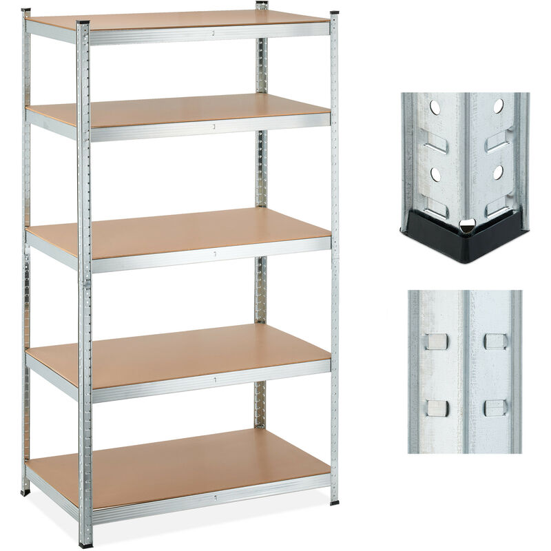Heavy Duty Shelving Unit, 5 Levels, H X W X D, 180 X 100 X 60 Cm, 1250 Kg Max Load, Metal, Mdf, Silver - Relaxdays