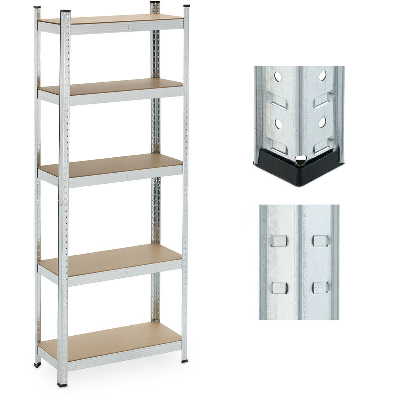 Relaxdays - Heavy Duty Shelving Unit, 5 Levels, h x w x d: 180 x 70 x 30 cm, 500 kg max Load, Metal, mdf, Silver