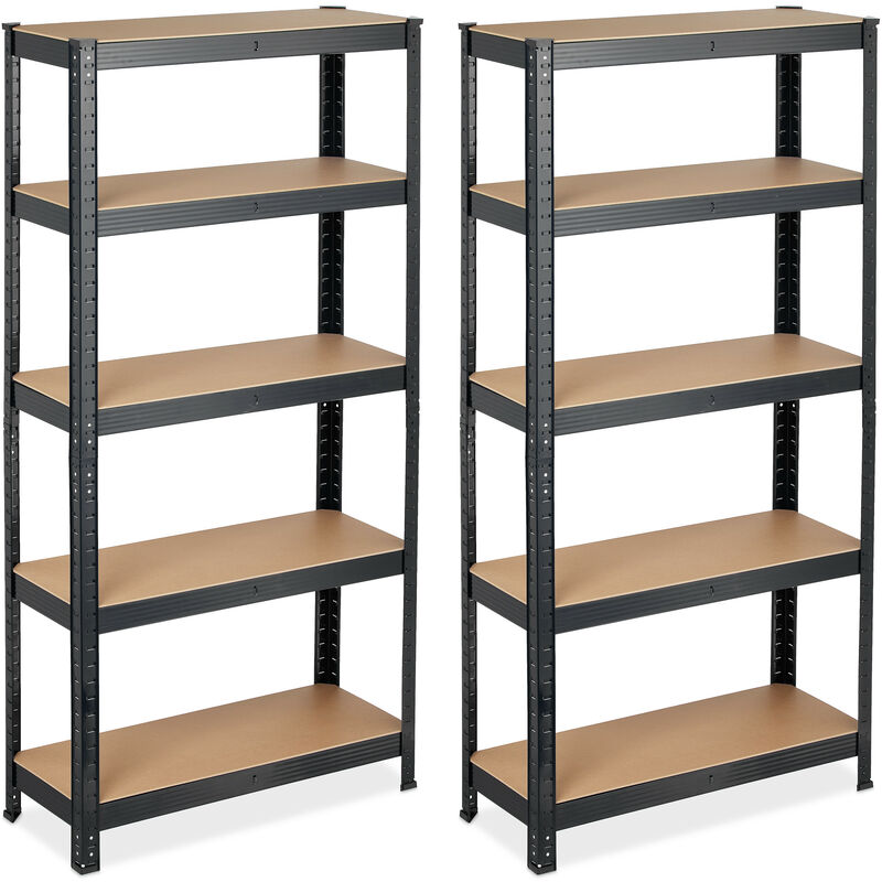 2 x Heavy Duty Shelving Unit, Max. Load 875 kg, 150x75x30cm, 5 Shelves, Push-In, Garage Storage, Steel, Black