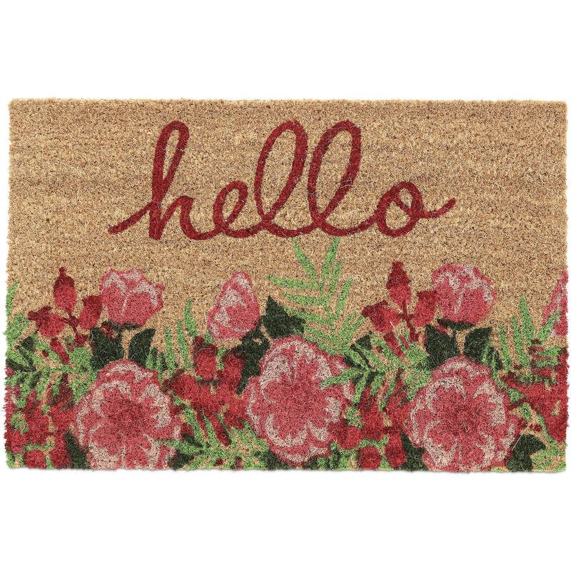 Relaxdays - Hello Flowers Doormat Coir Rubber, 40 X 60 Cm, Door Mat Inside & Outside, Multicoloured