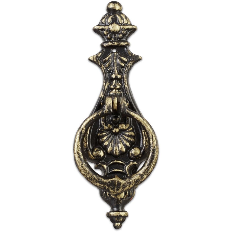Relaxdays - Heurtoir de porte antique, lot de 2, anneau frappe pour porte, style rustique, fonte fer, 24x8,5x3 cm, noir/bronze