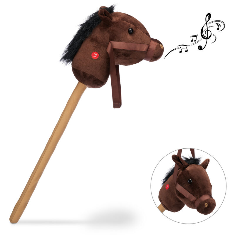 Relaxdays Hobby Horse with Neighing & Galloping Sounds for Children, Ride-On Horse Toy for Toddlers, 67 cm, Brown