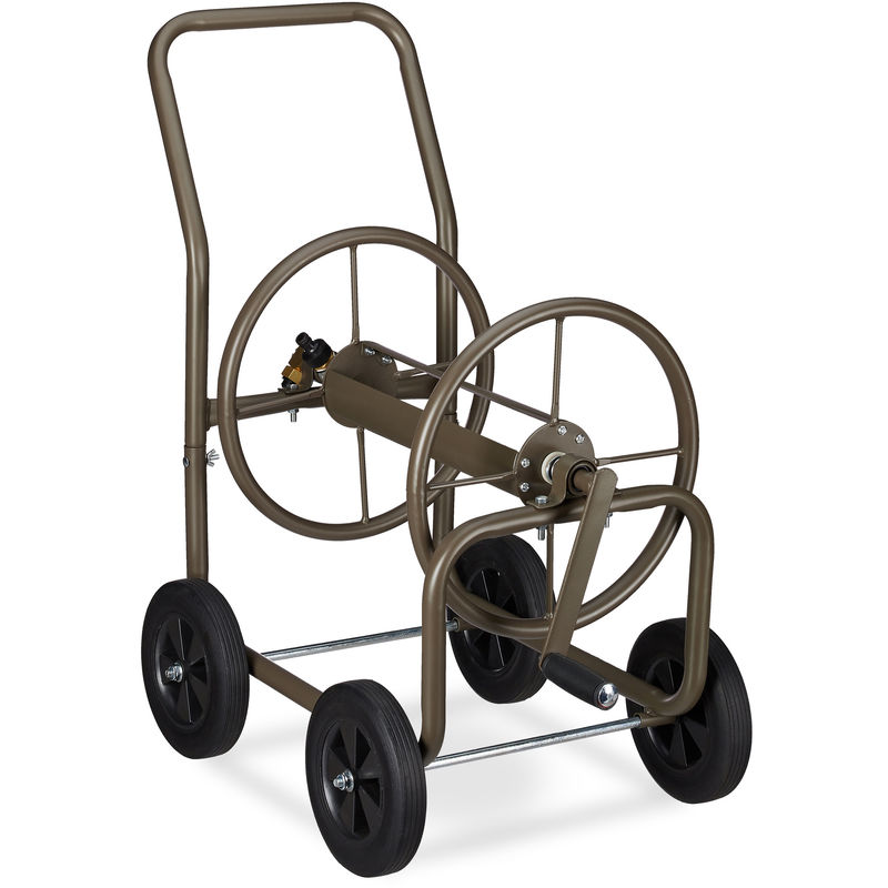 Hose Trolley xl, Mobile Portable Reel, Metal, for 60m Hoses, 4 Wheels & with Crank, 90° Unwinding, Brown - Relaxdays