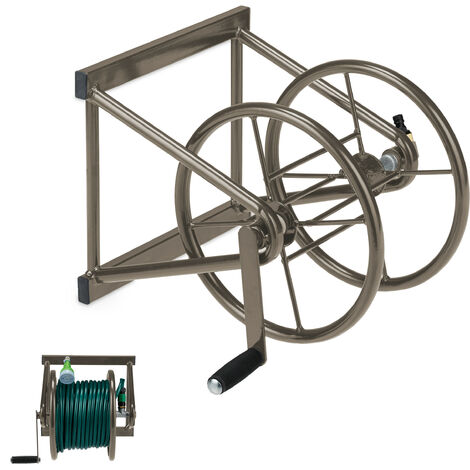 Relaxdays Hose Reel, Wall Mounted, for 60 m Hosepipes, Garden Accessory, Watering, HxWxD: 36 x 55 x 50 cm, Steel, Brown