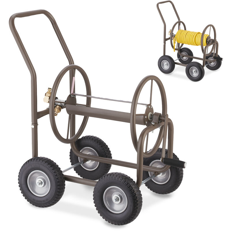 Relaxdays Hose Trolley, Up To 60 Meters, 4 Rubber Wheels, H X W X D, 81 X 50 X 80 Cm, Steel, Brown