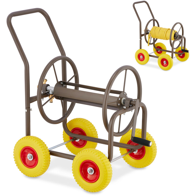 Relaxdays Hose Trolley, Up To 60 Meters, 4 Rubber Wheels, H X W X D, 83 X 50 X 80 Cm, Steel, Brown