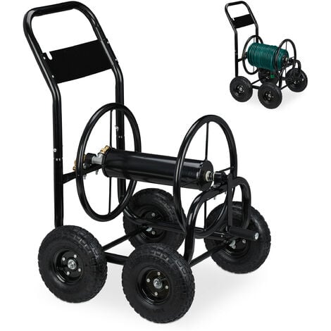 Relaxdays Hose Cart Metal, 4 Rubber Wheels, XL Garden Hosepipe Trolley,  Crank, Holds 60 m, HWD 114 x 64 x 90 cm, Black