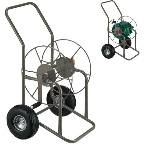 Relaxdays Hose Reel, Wall Mounted, For 60 m Hoses, 2 Click Connectors, H x  W x D: 36 x 55 x 50 cm, Steel, Brown