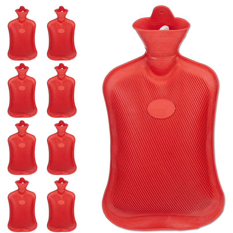 9 x Hot Water Bottle Without Cover, Durable, Secure Warming Bag, 2 l Capacity, Odourless Natural Rubber, Red - Relaxdays