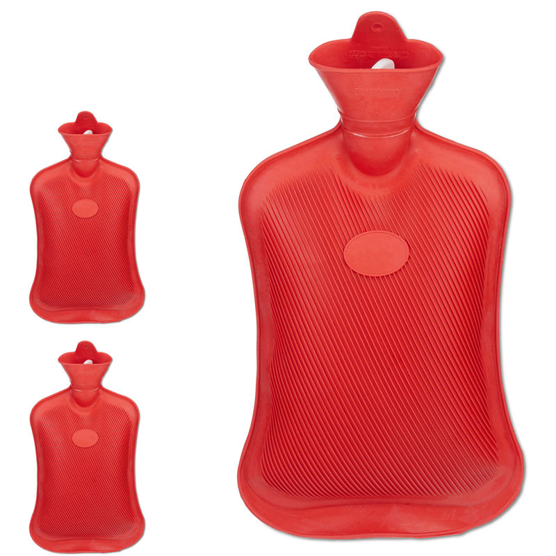 Relaxdays 3 x Hot Water Bottle Without Cover, Durable, Secure Warming Bag, 2 L Capacity, Odourless Natural Rubber, Red