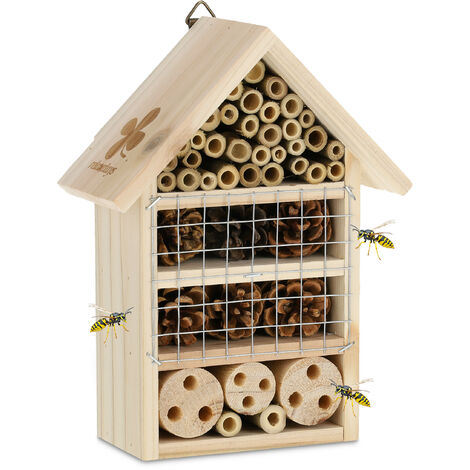 Relaxdays Hotel Insectos, Nido Abejas, Escarabajos y Mariquitas, Casa Bichitos Madera Colgante, 24 x 18 x 9 cm, Natural