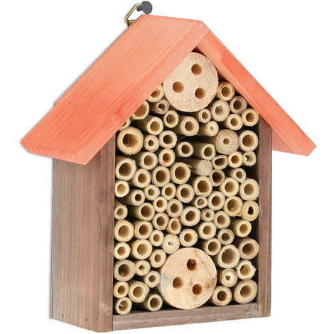 Relaxdays Hotel Insectos, Nido Abejas Solitarias, 20 x 17 x 8,5 cm, Forma de Casa, Jardín o Balcón, Marrón y Naranja