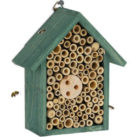 Relaxdays Hotel Insectos, Nido Abejas y Avispas Silvestres, Casa Colmena Colgante, con Techo, 20 x 17 x 8,5 cm, Verde