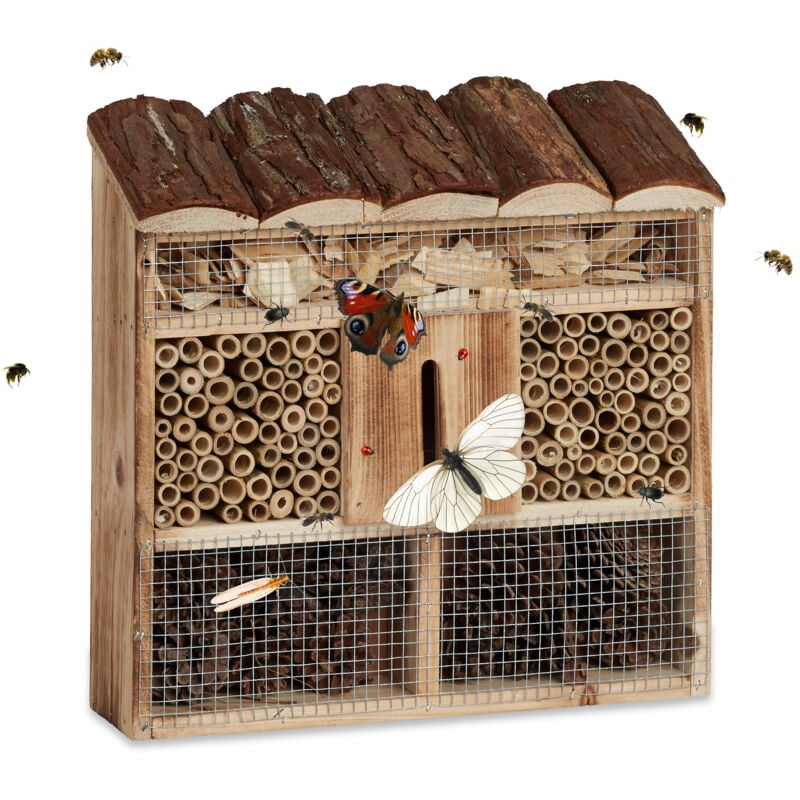 Relaxdays - Hôtel à insectes en bois à suspendre abri abeille refuge papillon grillage HxlxP: 31 x 30,5 x 9,5 cm, nature