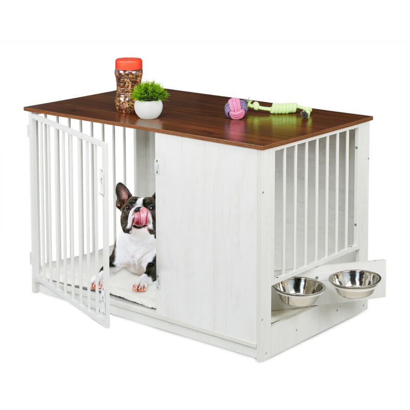 Hundekäfig, Für Zuhause, Hbt, 65, 5x102x60 Cm, Hundemöbel, 2 Drehbare Näpfe, Hundebox, Mdf & Stahl, Weiß/braun - Relaxdays