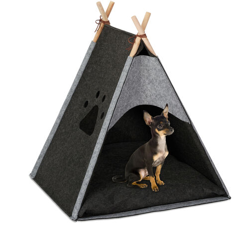   Hundezelt, Haustiertipi für kleine Hunde & Katzen, Filz & Holz, mit Kissen, 70,5 x 59,5 x 59 cm, dunkelgrau
