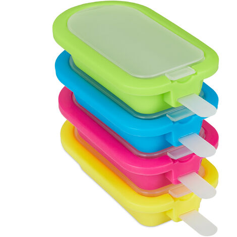 Relaxdays Ice Cream Moulds, 4 Popsicles, 70 ml, DIY Sticks, BPA-Free, Ice Cream Maker, Silicone, Green/Blue/Pink/Yellow