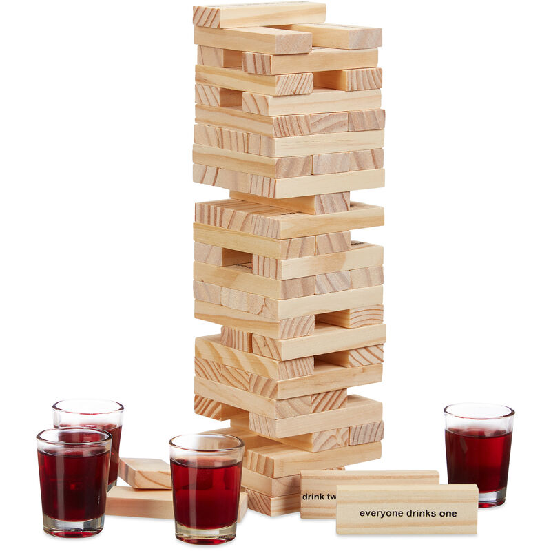 Image of Torre Traballante Alcolica, Drunk Tower, 60 Blocchi di Legno, 4 Bicchierini, Gioco Solo per Adulti, Naturale - Relaxdays