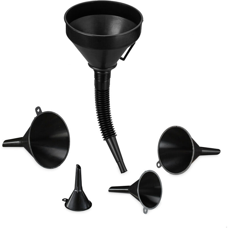 Relaxdays - Funnel Set, 5 Sizes, Flexible Hose Tube, Removable Sieve, Fill With Oil And Fuel, Universal, Plastic, Black