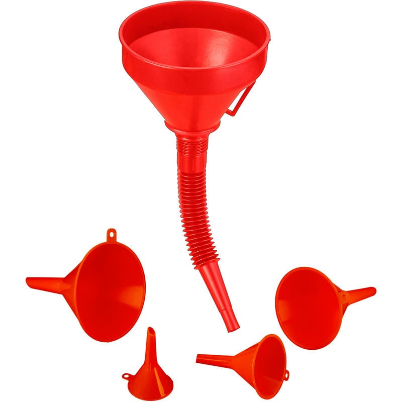 Relaxdays Funnel Set, 5 Sizes, Flexible Hose Tube, Removable Sieve, Fill with Oil and Fuel, Universal, Plastic, Red