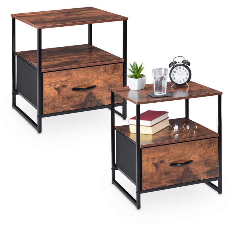 Relaxdays - Industrial Bedside Table, Set Of 2, Hwd, 50 X 45 X 42.5 Cm, 2 Drawers, Nightstand For Bedroom, Black/brown