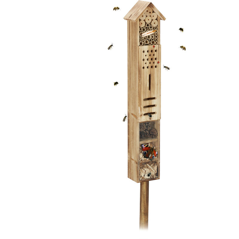 Insect Hotel With Stand, Wood, Bug House Garden, HxWxD: 150 x 15.5 x 11 cm, Butterfly Home, Natural - Relaxdays