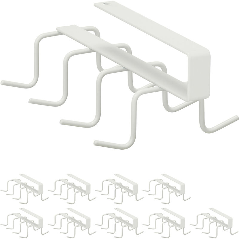 Relaxdays 10x Cabinet Insert, 8 Hooks each, Metal, No Drilling, Hanger Rack, Multipurpose, HWD: 6.5 x 10 x 18 cm, White