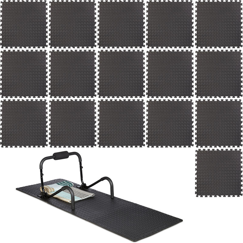 Set of 16 Interlocking Floor Protective Mats, 60 x 60 cm each, 6m², Surface Protection, Sound-absorbing, Black - Relaxdays