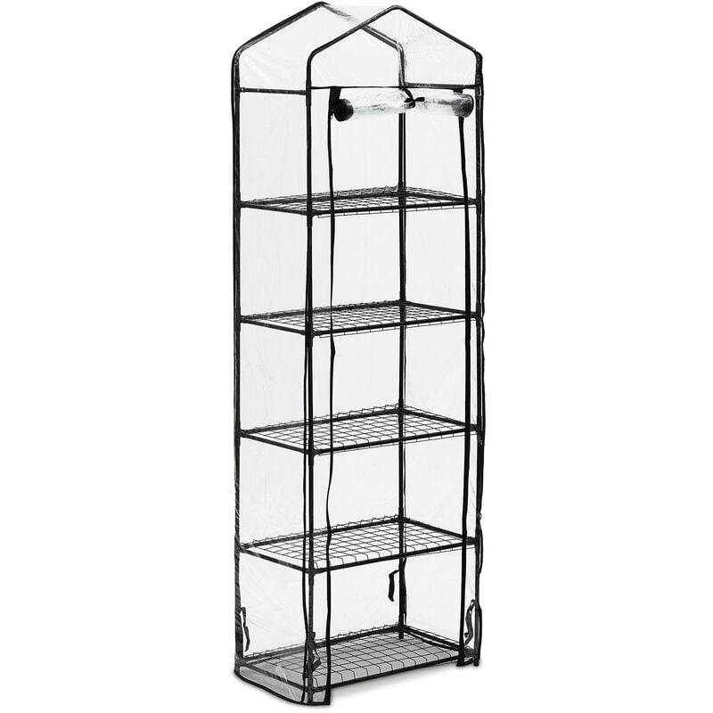 Serre de balcon, 5 étagères, structure en acier et bâche en pvc, hlp : 193 x 58 x 36 cm, transparent/noir - Relaxdays