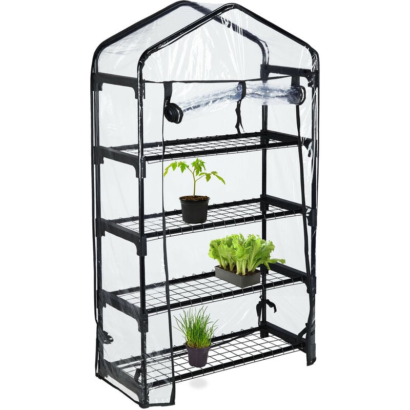 Serre pour balcon, bâche en pvc, structure acier, 4 étagères, HxLxP : 125 x 69 x 29 cm, noir/transparent - Relaxdays