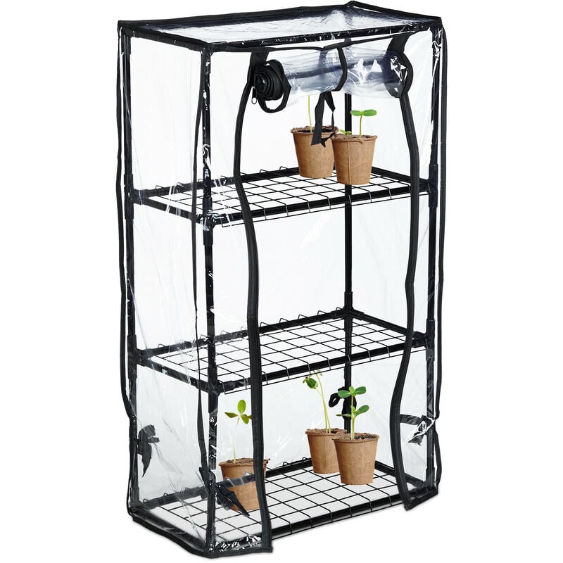 Serre pour balcon, bâche en pvc, structure en acier, 3étagères, HxLxP : 80 x 48 x 24,5 cm noir/transparent - Relaxdays