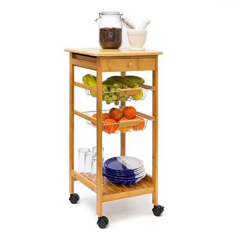 Relaxdays JAMES Bamboo Kitchen Island Size: Small: 80.5 x 37 x 37 cm Serving Cart With Drawer And 2 Metal Baskets Rolling Kitchen Trolley Wooden With 2 Trays, Natural