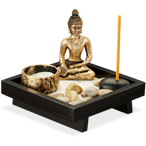   Jardin zen, avec Bouddha, pierres, sable, tiges d'encens & porte-bougie, relaxation, Déco Feng shui, noir