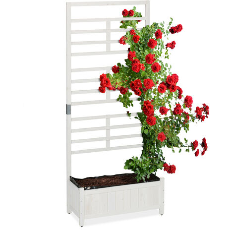 Relaxdays – Jardinière en bois blanche avec treillis brise-vue – Dimensions H x L x P : 171 x 71,5 x 32 cm – Pour plantes grimpantes – Bac résistant aux intempéries