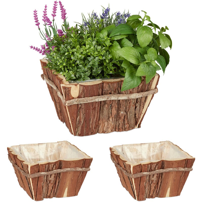 Relaxdays - Jardinières, lot de 3, bac à fleurs en bois avec écorce, balcon et jardin, hlp 13,5 x 23,5 x 23,5 cm, nature