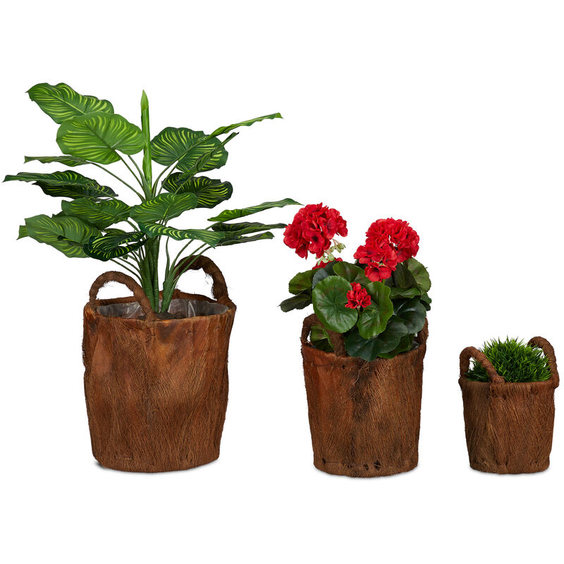 Jardinière en lot de 3, rustique et décorative, feuilles de cocotier, cache-pot, pour vos plantes, nature - Relaxdays