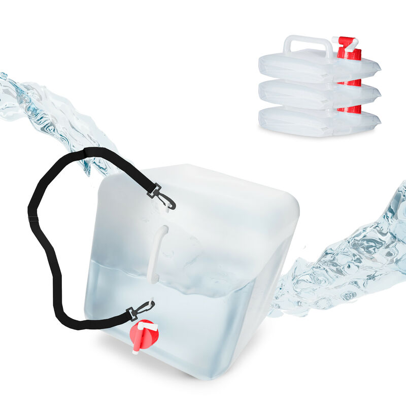 Relaxdays - Jerrican d'eau pliable, en lot de 4, 20 litres, avec robinet, sans bpa, anse et poignée, transparent/rouge