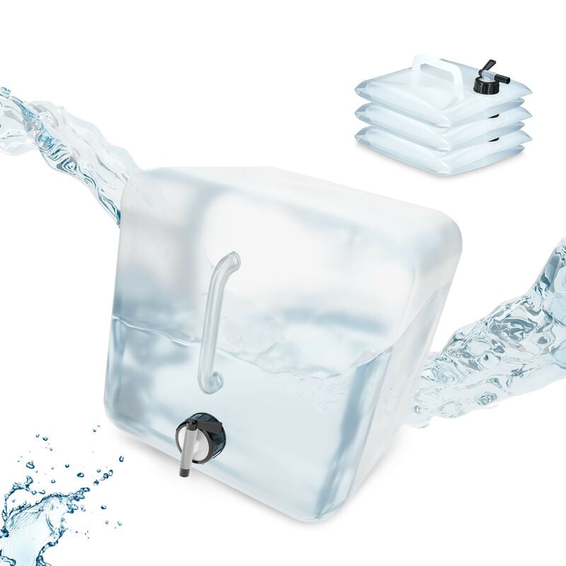 Jerricans carrés pliants en lot de 4, contenant à eau, avec robinet, sans bpa, diverses tailles, transparent - Relaxdays