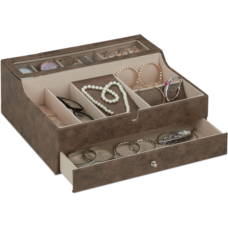 Relaxdays - Jewellery Organiser With Lid, Leather Look, Velvet, Jewelry Box For Ladies & Gents, Hwd, 13 X 34 X 31cm, Brown