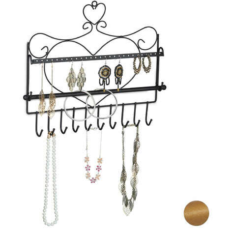Relaxdays Jewellery Wall Rack, Necklaces, Earrings & Bracelets, Heart Shape, H x W x D 30 x 36.5 x 3.5 cm, Iron, Black