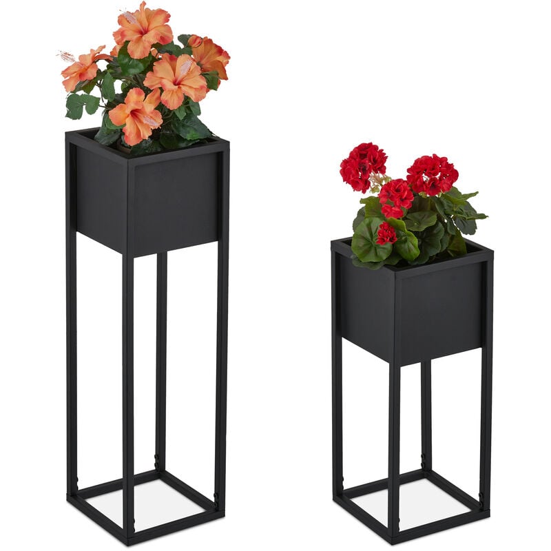 Porte-pots de fleurs, lot de 2, métal, 2 tailles, avec structure, salon, support plantes rectangulaire, noir - Relaxdays