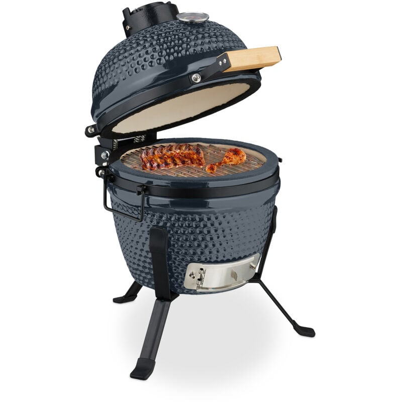 Relaxdays Kamado Barbecue, Ø 26 cm, Ceramic BBQ Grill, with Thermometer up to 450°C, Outdoor Cooking, Smoker, Egg Shape