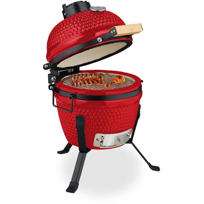 Relaxdays Kamado Barbecue, Ø 26 cm, Ceramic BBQ Grill, with Thermometer up to 450°C, Outdoor Cooking, Smoker, Egg Shape