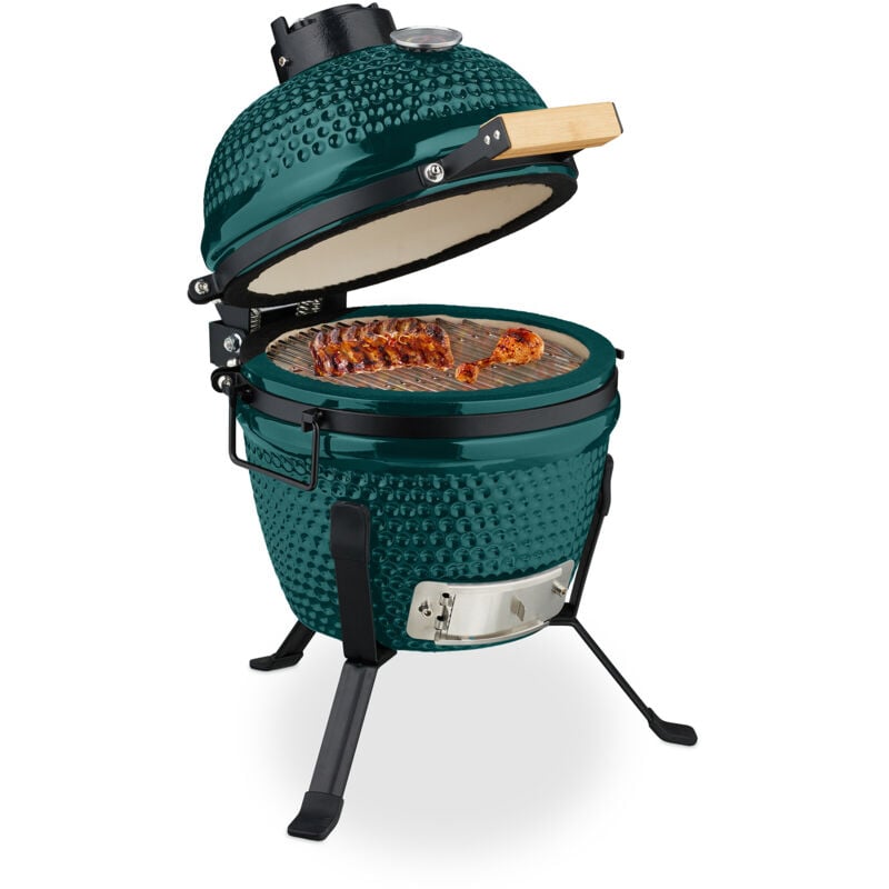Relaxdays Kamado Barbecue, Ø 26 cm, Ceramic BBQ Grill, with Thermometer up to 450°C, Outdoor Cooking, Smoker, Egg Shape