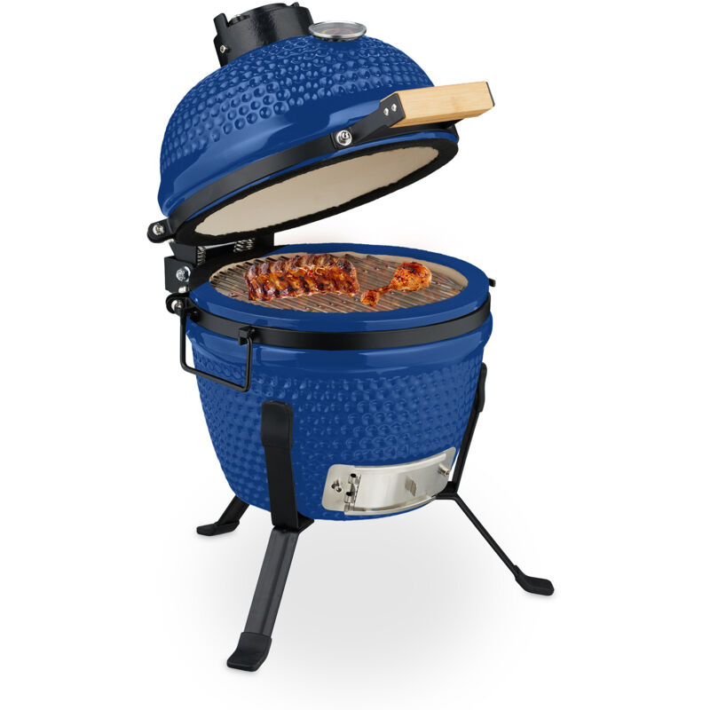 Relaxdays Kamado Grill, Ø 32 Cm, Keramikgrill Mit Thermometer Bis 450°c, Bbq, Grillen, Kochen & Backen, Smoker, Blau