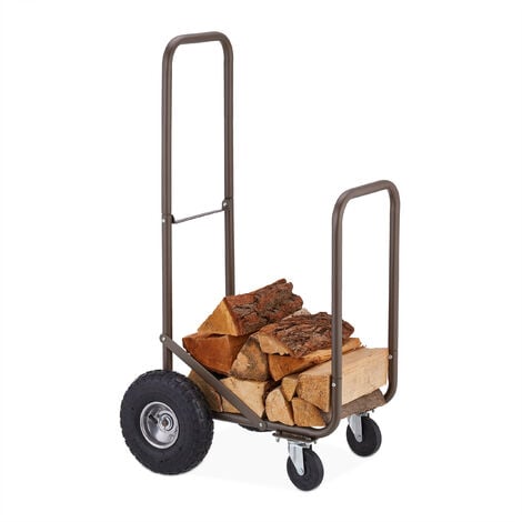 Relaxdays Kaminholzwagen mit Luftreifen, 360° Rollen, Holzwagen bis 60 kg, für 33 cm Scheite, Brennholz-Sackkarre, braun