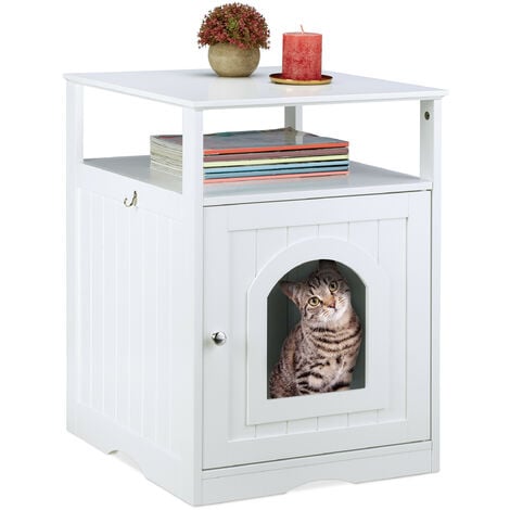 Relaxdays Katzenschrank, großer Eingang, mit Ablage, Rückseite mit Luftlöchern, HBT 64 x 48 x 53 cm, Katzenkommode, weiß