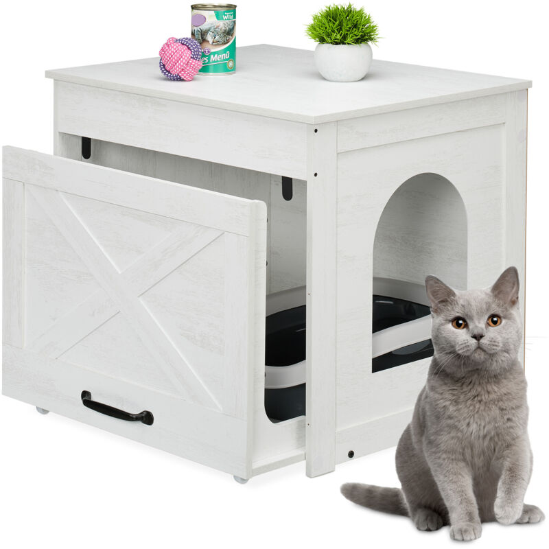 Relaxdays - Katzenschrank Für Katzentoilette, Katzenklo Verstecken, Ausziehbare Schublade, Hbt, 53, 5x60x51, 5 Cm, Weiß/grau