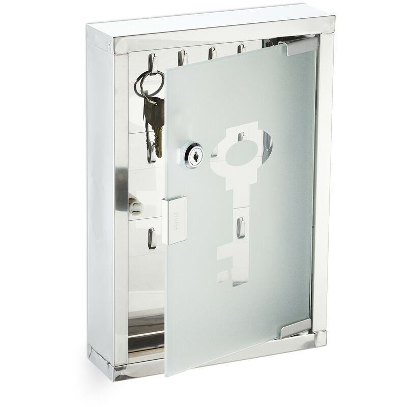 Relaxdays Lockable Key Cabinet, Key Box for Walls, Stainless Steel Key Case, HBT: 32x22x6 cm, Silver