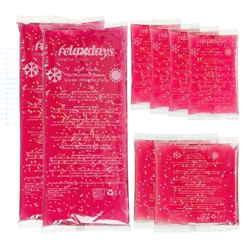Relaxdays Kühlpads, 8er Set, 3 Größen, Kalt Warm Kompressen, Kühlpacks Gel, wiederverwendbare Gelkühlkompressen, pink
